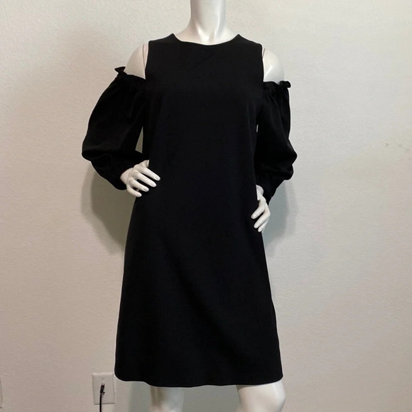 Tibi Black Crew Neck Cold Shoulder Long Sleeve Shift Mini Dress Size 12 - Picture 2 of 7